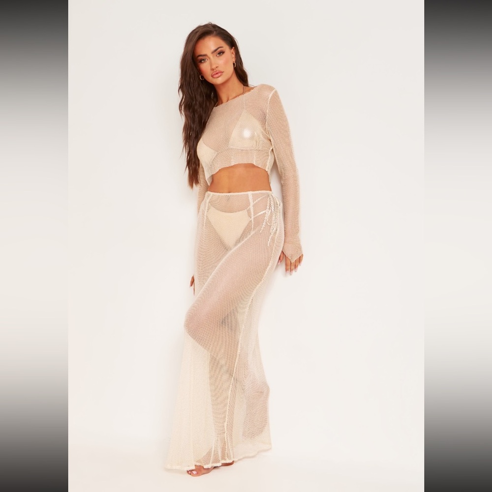🔥SEND OFFERS🔥 Missy Empire Alani Beige Lurex Shimmer Fishnet Mesh Set